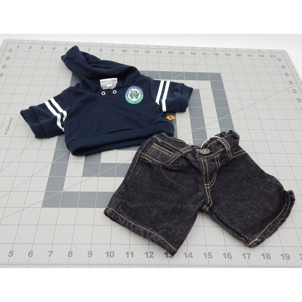 Build A Bear BABW Navy Blue Roller Hockey Hoodie Black Denim Carpenter Pants